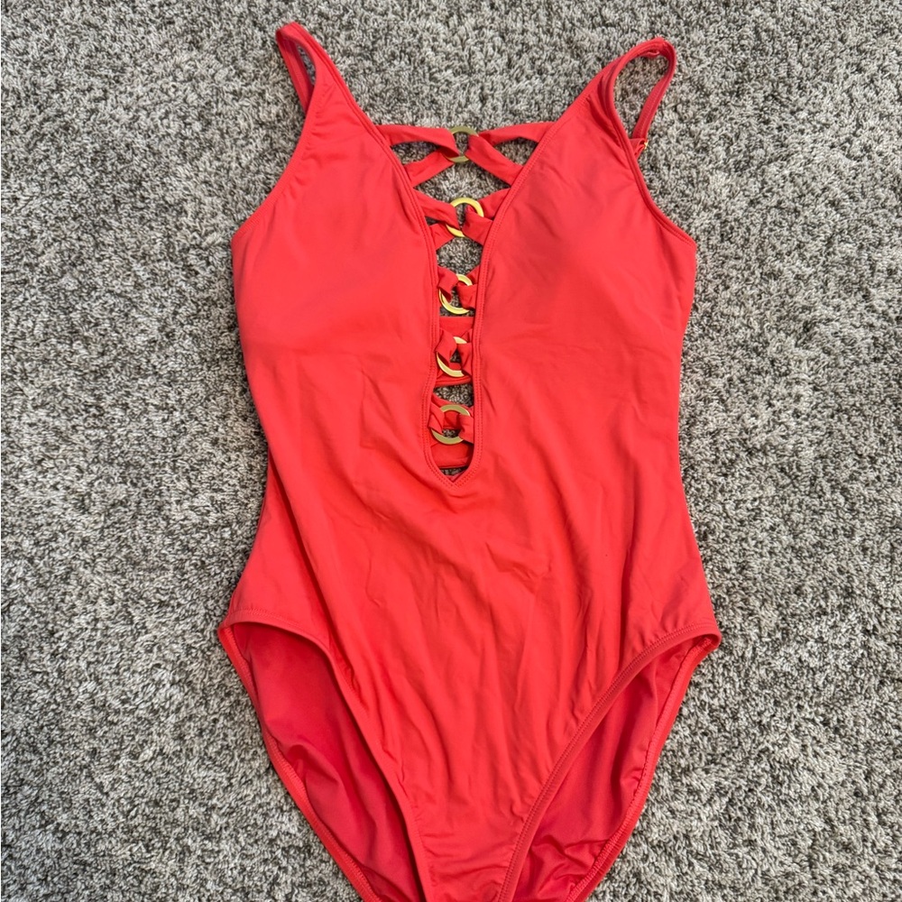 Bleu Rod Beattie Red One-Piece Swimsuit with Gold Ring Accents